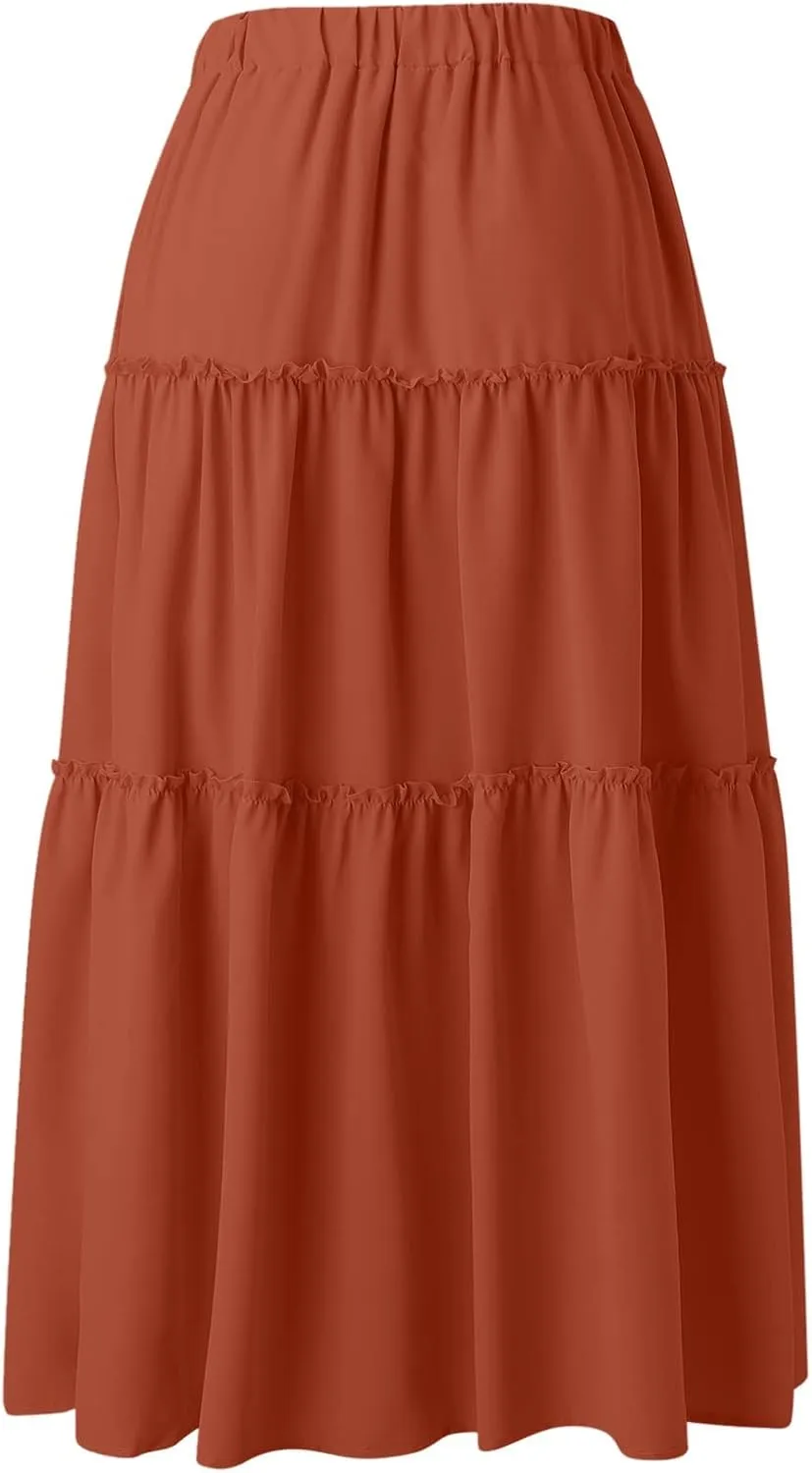 Womens Boho Pleated Ruched Ruffle Drawstring High Rise Maxi Skirt Skirts for Women Trendy High Waist Robe Flowy Dress