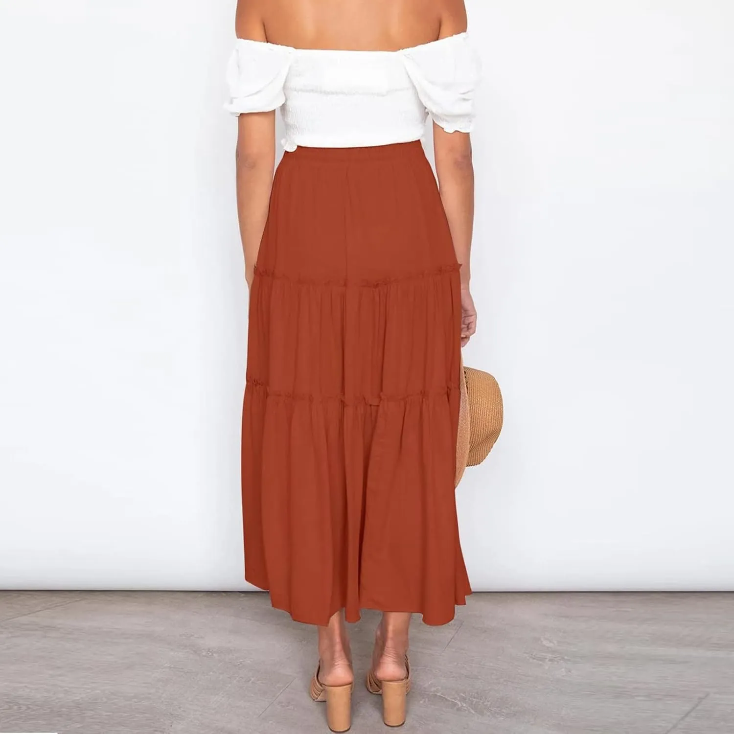 Womens Boho Pleated Ruched Ruffle Drawstring High Rise Maxi Skirt Skirts for Women Trendy High Waist Robe Flowy Dress