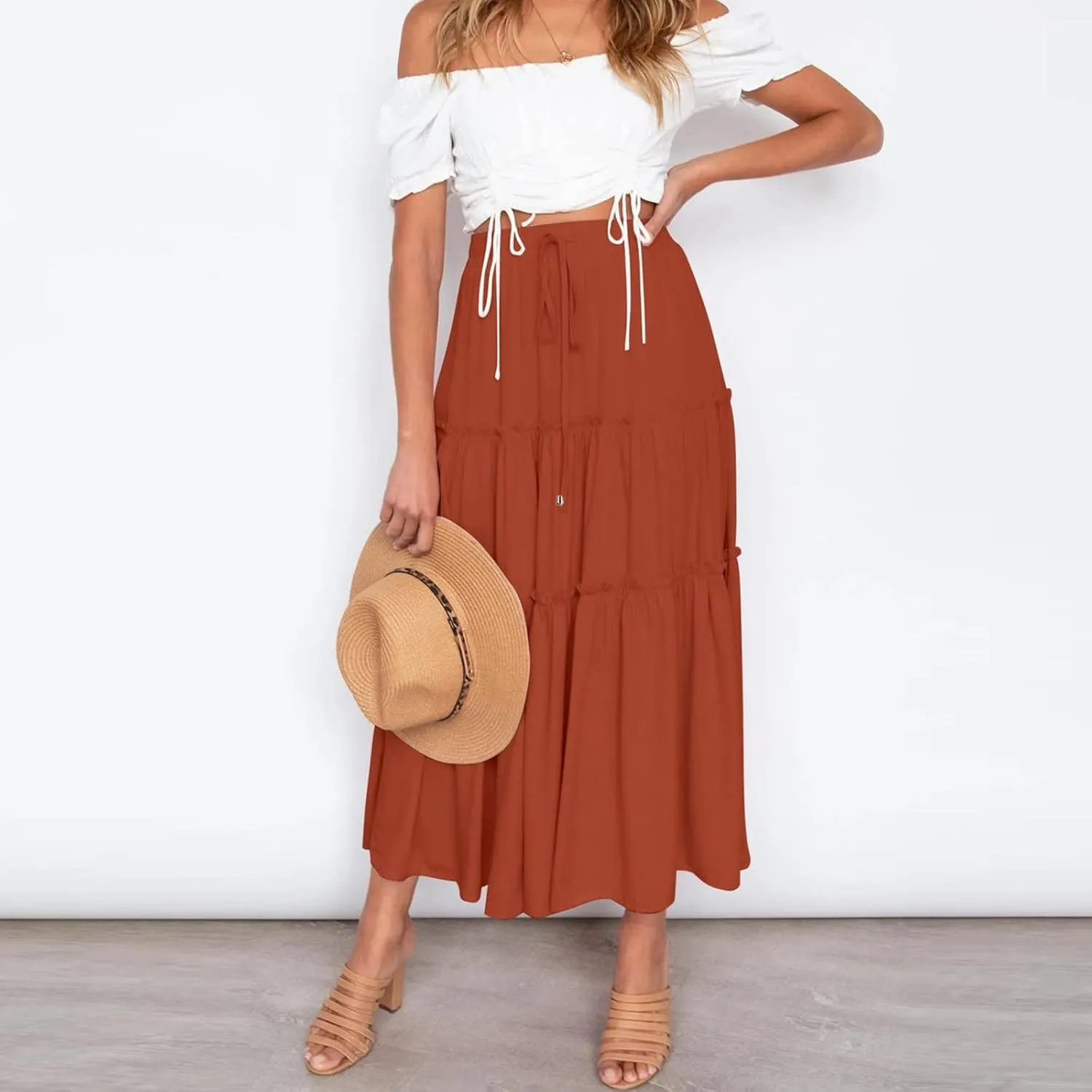 Womens Boho Pleated Ruched Ruffle Drawstring High Rise Maxi Skirt Skirts for Women Trendy High Waist Robe Flowy Dress