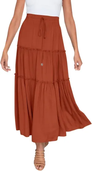 Womens Boho Pleated Ruched Ruffle Drawstring High Rise Maxi Skirt Skirts for Women Trendy High Waist Robe Flowy Dress
