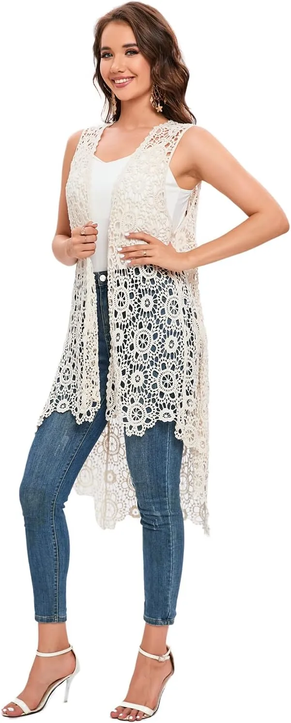 Women's Casual Long Crochet Vest Loose Fit Boho Lace Cover up High Low Sleeveless Cardigan