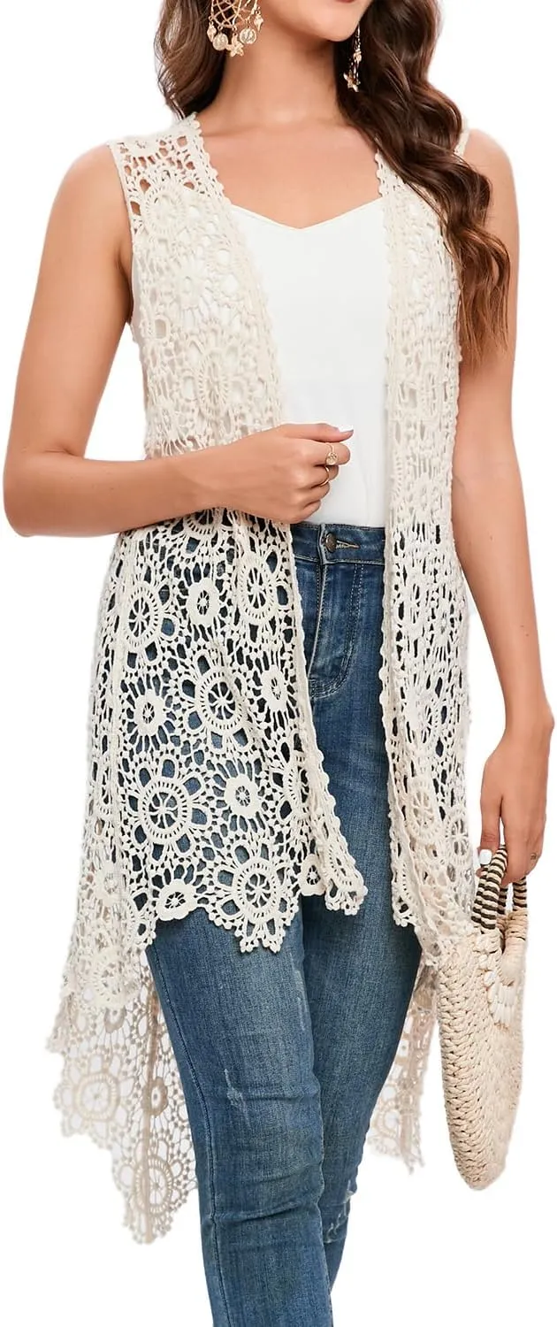 Women's Casual Long Crochet Vest Loose Fit Boho Lace Cover up High Low Sleeveless Cardigan