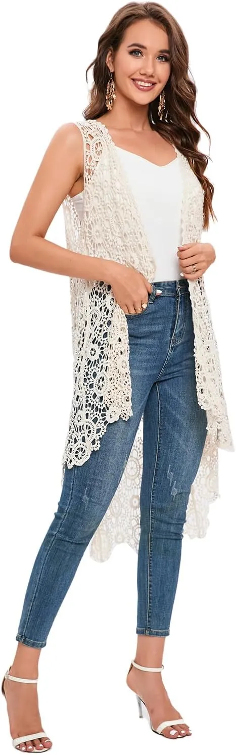 Women's Casual Long Crochet Vest Loose Fit Boho Lace Cover up High Low Sleeveless Cardigan