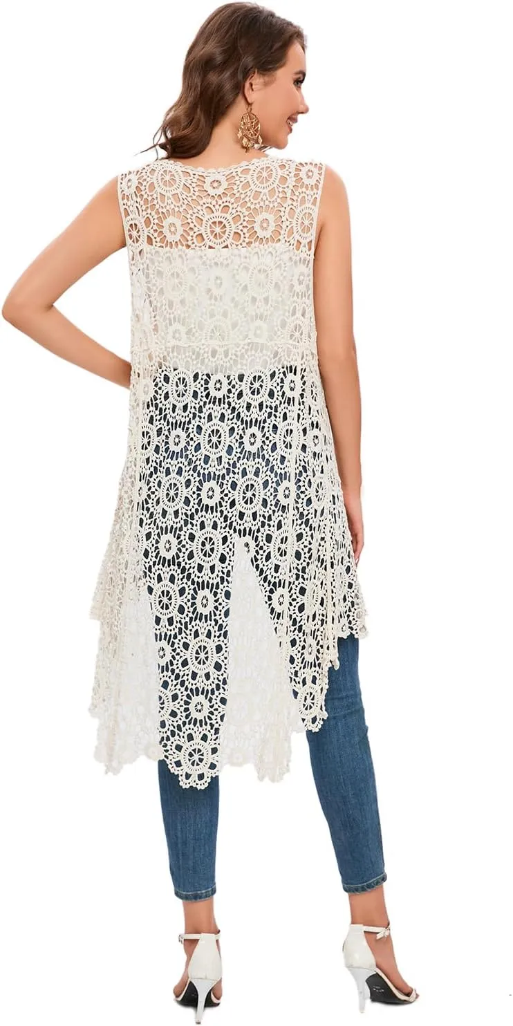 Women's Casual Long Crochet Vest Loose Fit Boho Lace Cover up High Low Sleeveless Cardigan