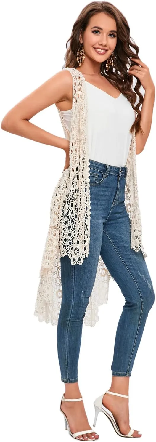 Women's Casual Long Crochet Vest Loose Fit Boho Lace Cover up High Low Sleeveless Cardigan