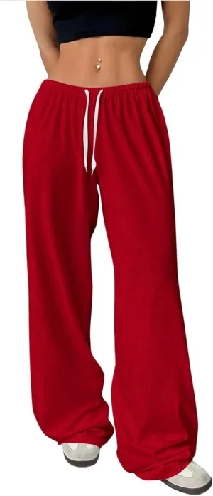 Women's Drawstring Waist Straight Streetwear Wide Leg Sweatpants Casual Loose Baggy Workout Long Summer Pants