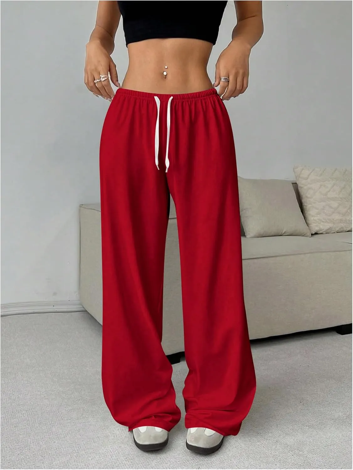 Women's Drawstring Waist Straight Streetwear Wide Leg Sweatpants Casual Loose Baggy Workout Long Summer Pants