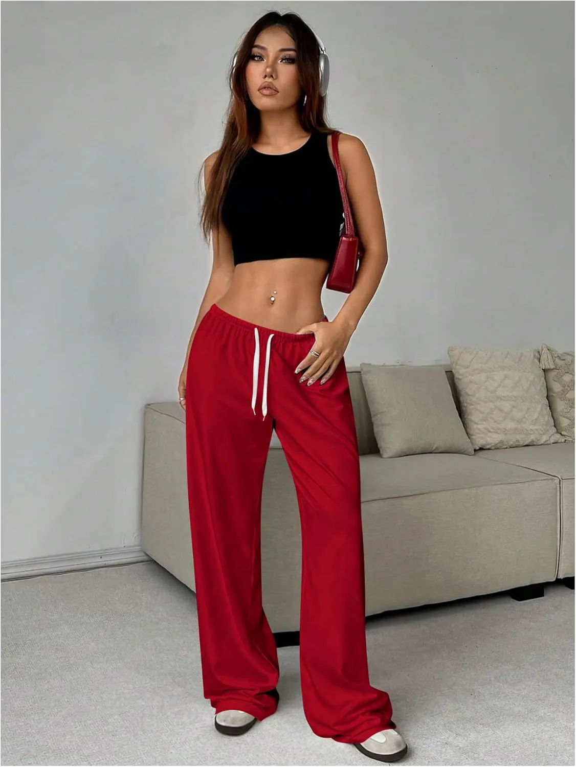 Women's Drawstring Waist Straight Streetwear Wide Leg Sweatpants Casual Loose Baggy Workout Long Summer Pants