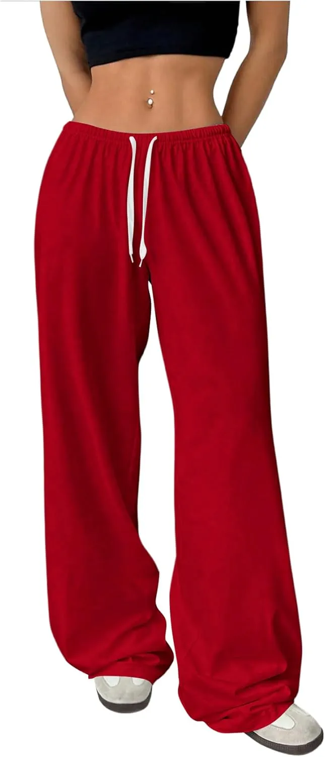 Women's Drawstring Waist Straight Streetwear Wide Leg Sweatpants Casual Loose Baggy Workout Long Summer Pants