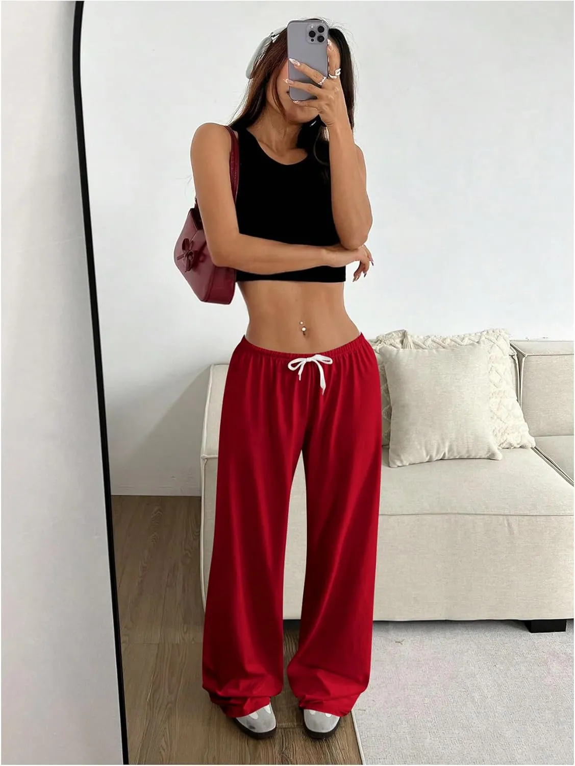Women's Drawstring Waist Straight Streetwear Wide Leg Sweatpants Casual Loose Baggy Workout Long Summer Pants