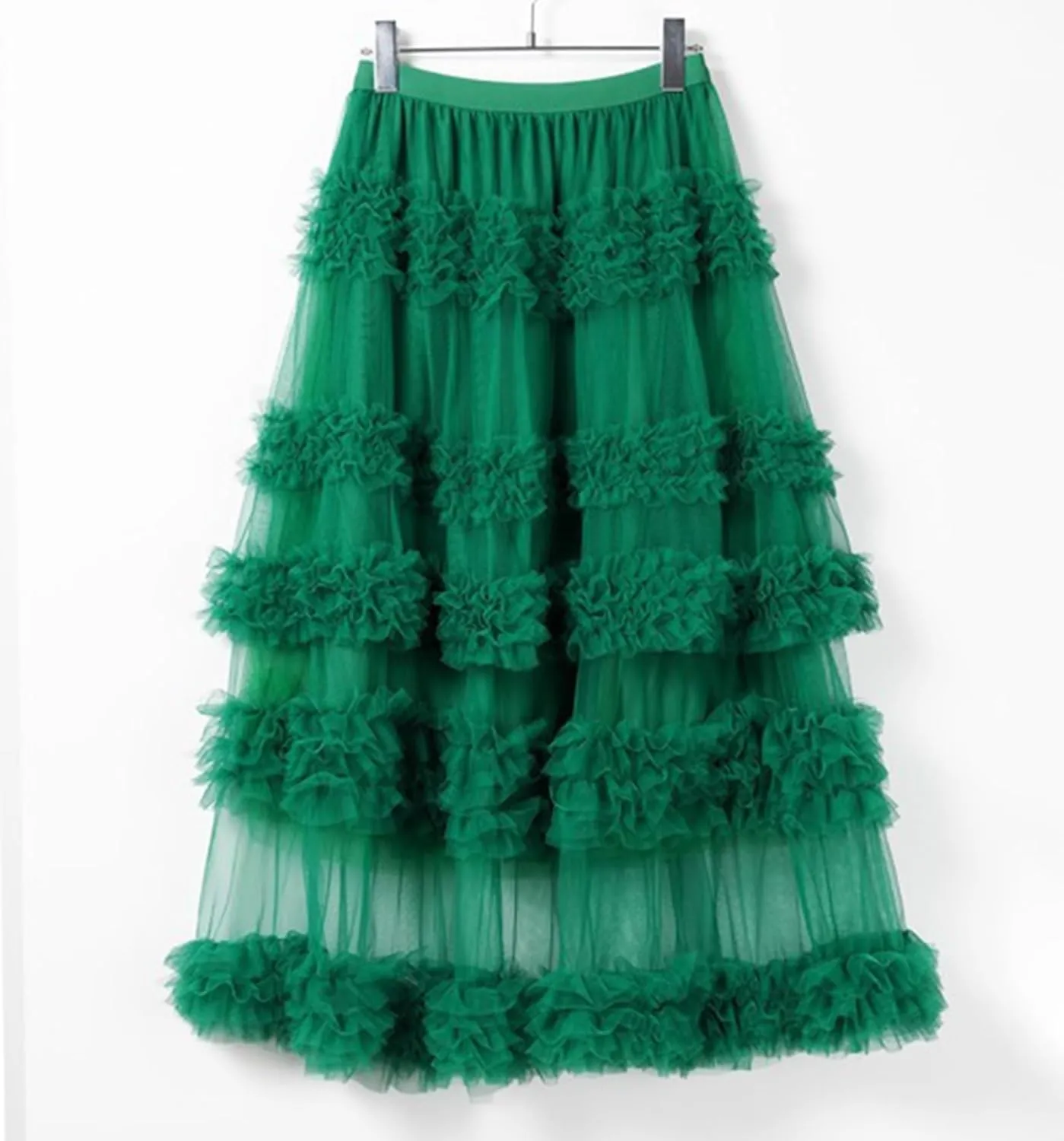Women's Fairy Layered Tulle Midi Skirt Sweet Elastic High Waist A-Line Ruffle Tiered Mesh Puffy Long Maxi Skirt