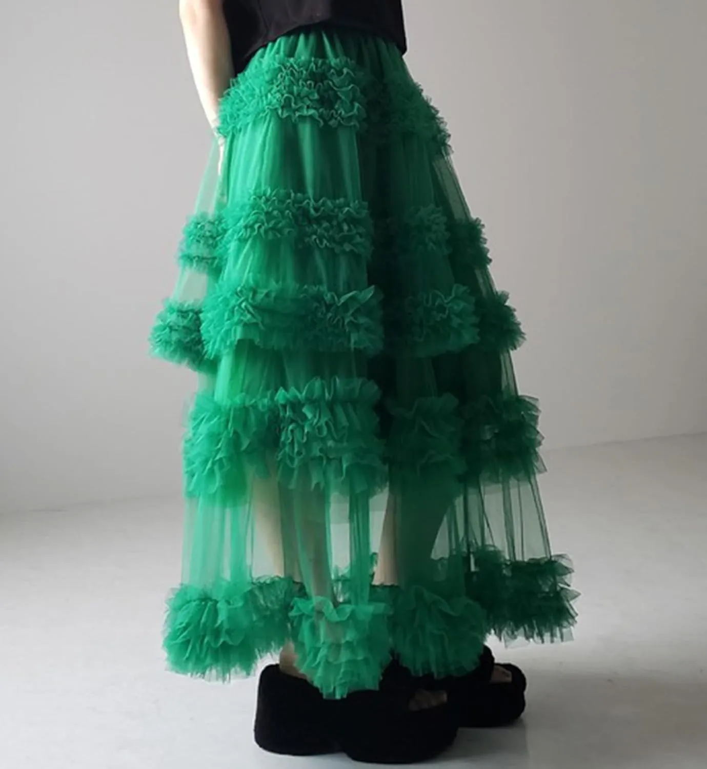 Women's Fairy Layered Tulle Midi Skirt Sweet Elastic High Waist A-Line Ruffle Tiered Mesh Puffy Long Maxi Skirt