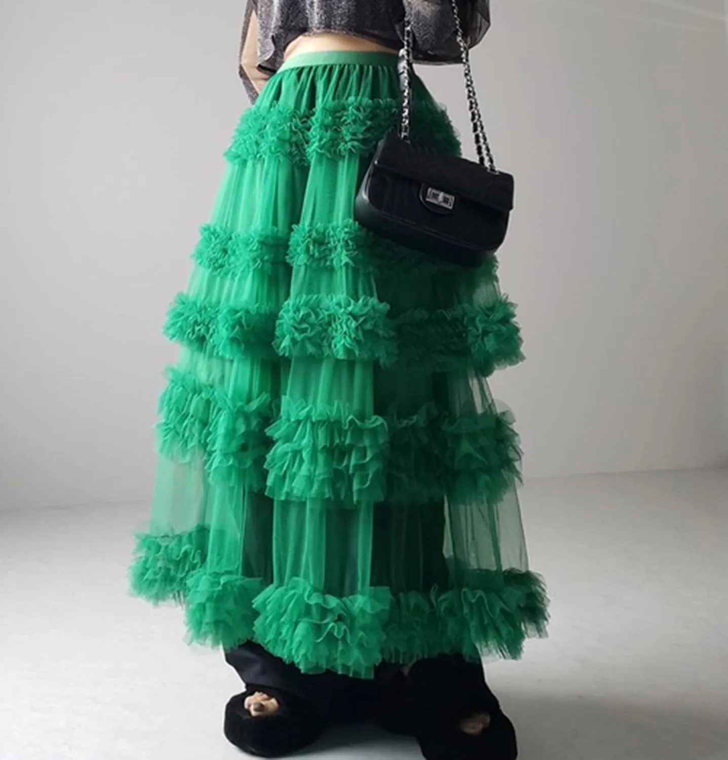 Women's Fairy Layered Tulle Midi Skirt Sweet Elastic High Waist A-Line Ruffle Tiered Mesh Puffy Long Maxi Skirt