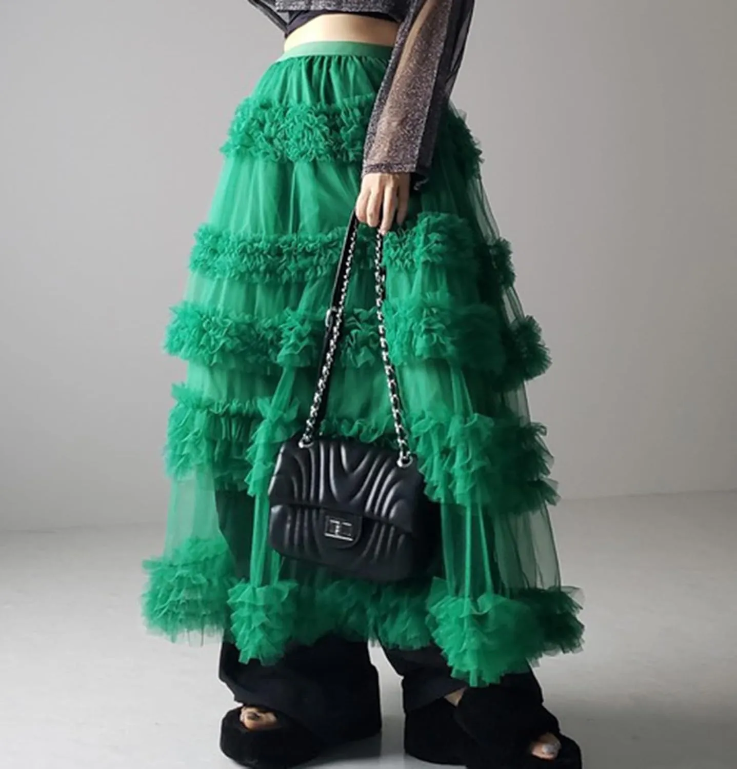 Women's Fairy Layered Tulle Midi Skirt Sweet Elastic High Waist A-Line Ruffle Tiered Mesh Puffy Long Maxi Skirt