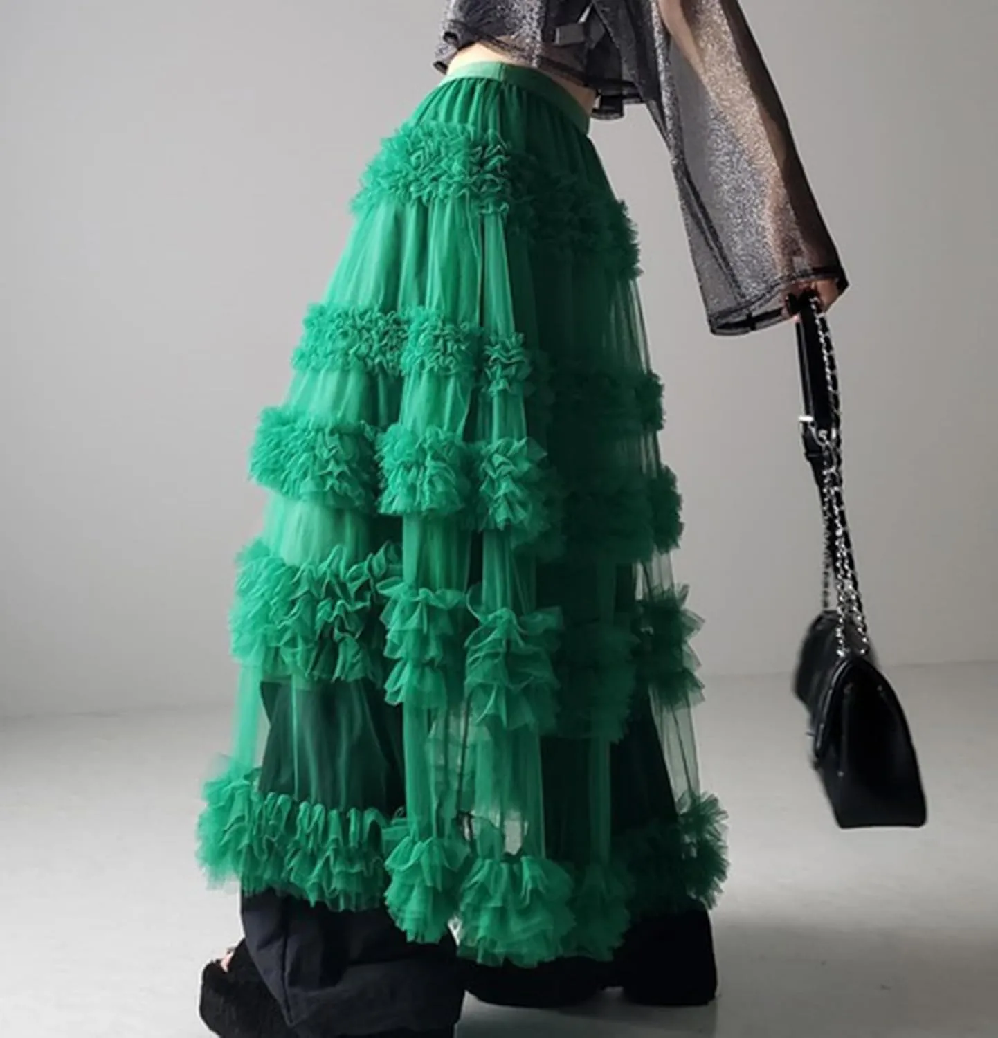 Women's Fairy Layered Tulle Midi Skirt Sweet Elastic High Waist A-Line Ruffle Tiered Mesh Puffy Long Maxi Skirt