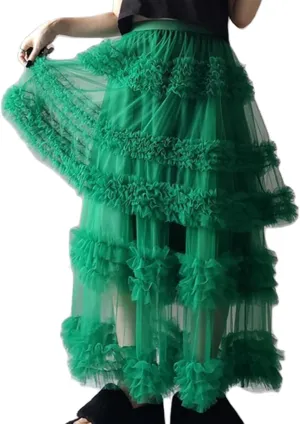 Women's Fairy Layered Tulle Midi Skirt Sweet Elastic High Waist A-Line Ruffle Tiered Mesh Puffy Long Maxi Skirt