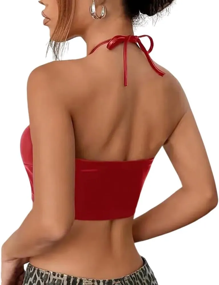 Women's Faux Vinyl PVC Leather Camisole V Neck Sleeveless Micro Vest Crop Bustier Top
