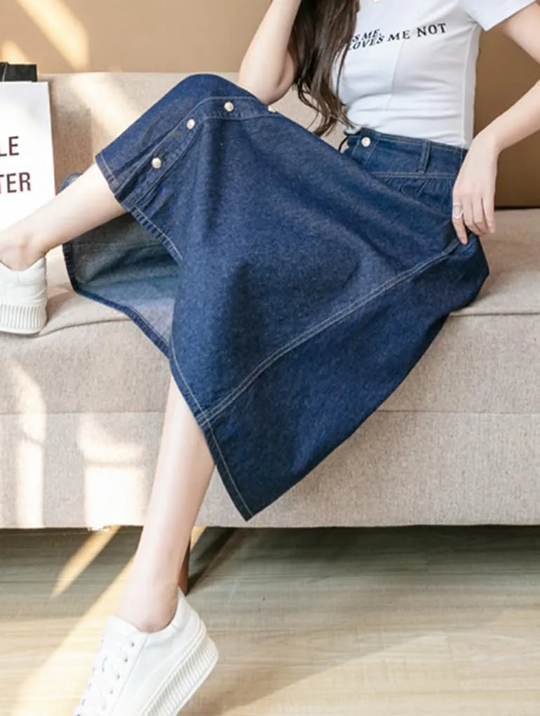 Womens Long Denim Skirt Swing A-Line High Waisted Jean Button Front Midi Skirt with Pockets