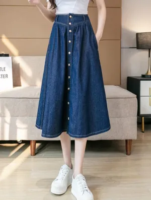 Womens Long Denim Skirt Swing A-Line High Waisted Jean Button Front Midi Skirt with Pockets