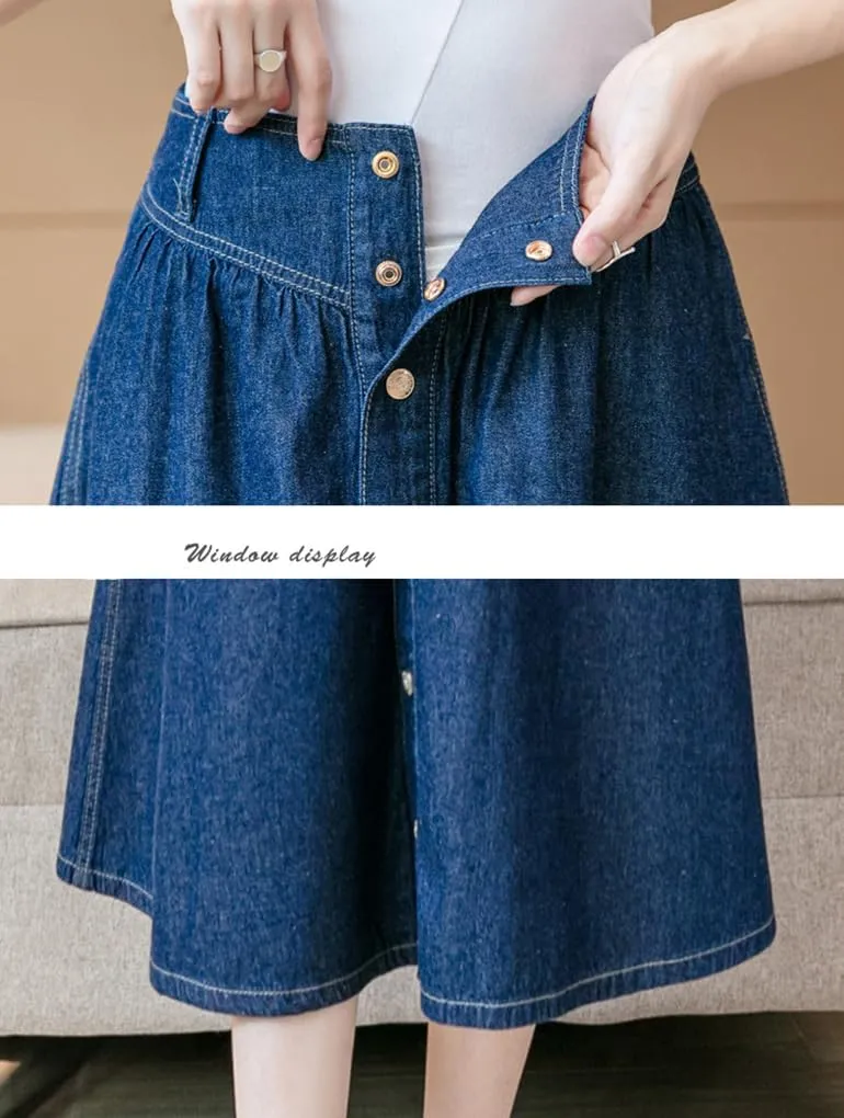 Womens Long Denim Skirt Swing A-Line High Waisted Jean Button Front Midi Skirt with Pockets