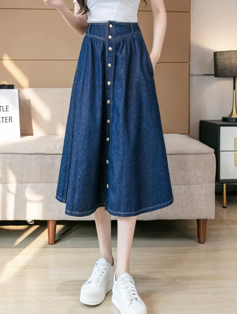 Womens Long Denim Skirt Swing A-Line High Waisted Jean Button Front Midi Skirt with Pockets