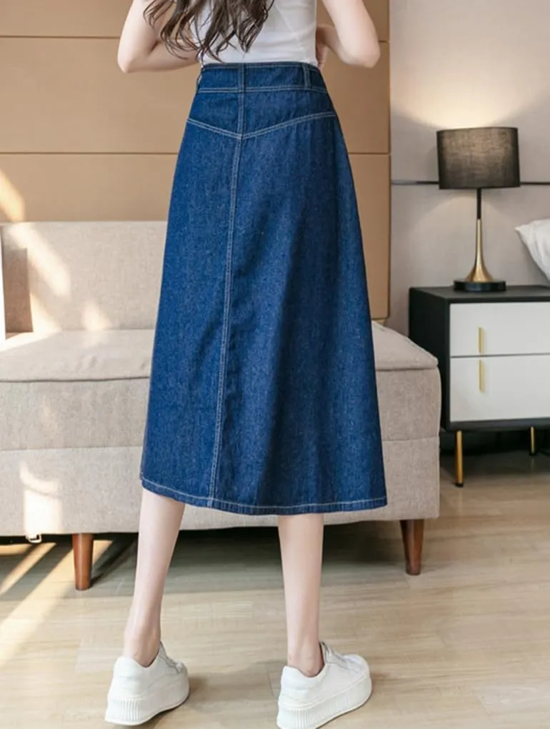 Womens Long Denim Skirt Swing A-Line High Waisted Jean Button Front Midi Skirt with Pockets