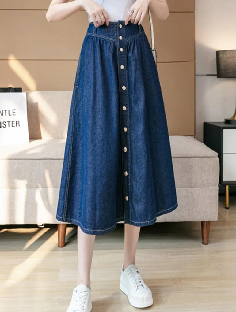 Womens Long Denim Skirt Swing A-Line High Waisted Jean Button Front Midi Skirt with Pockets