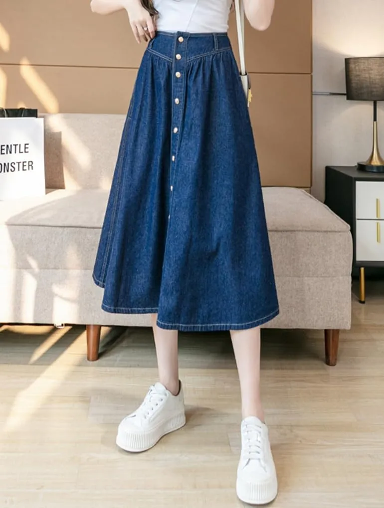 Womens Long Denim Skirt Swing A-Line High Waisted Jean Button Front Midi Skirt with Pockets