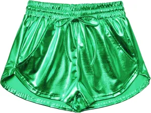Women's Metallic Shorts Yoga Shiny Sparkly Hot Drawstring Outfit Short Pants