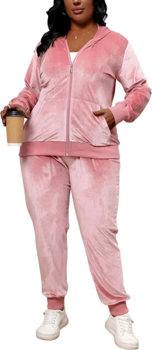 Women's Plus Size Two Piece Outfits Velour Sweatsuits Sets Long Sleeve Loungewear Tracksuit Sets