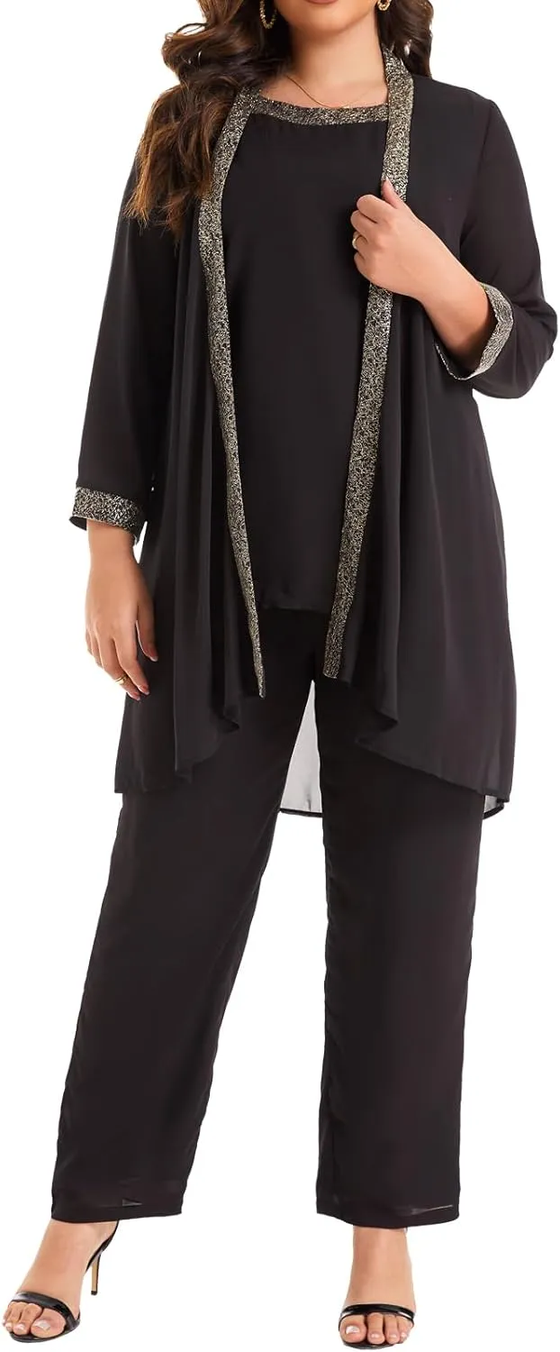 Women's Plus Size Wedding Pant Suits for Mother of The Groom Bride Evening Formal 3 Piece Set Party Outfit