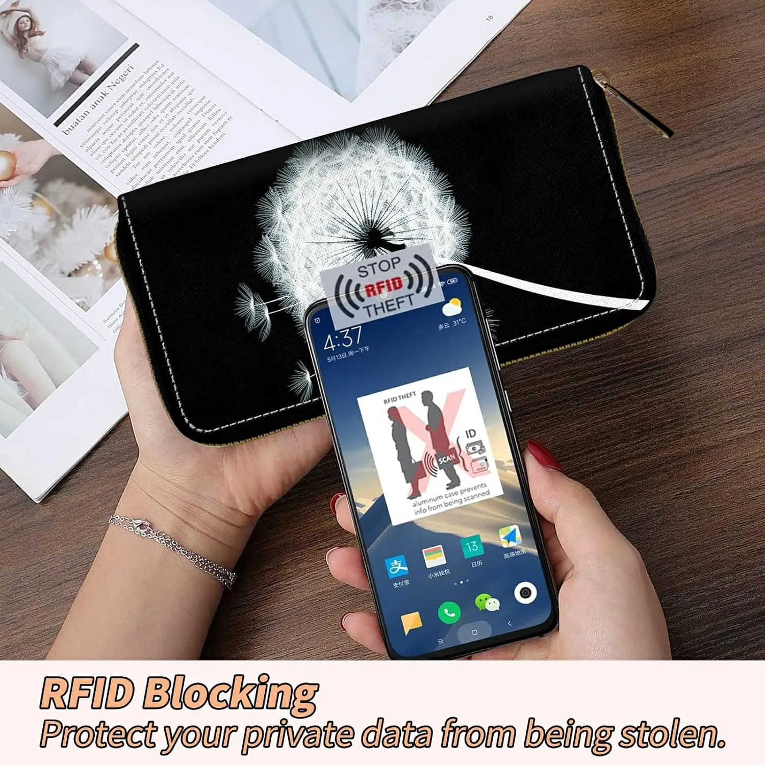 Women's RFID Blocking Wallet PU Leather Slim Bifold Wristlet Clutch with Large Capacity,16 Card Slots & Zipper Coin Purse Pocket Ladies Travel Purse Wristlet,Dandelion