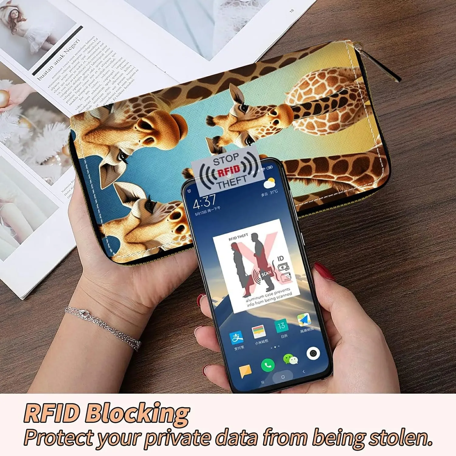 Women's RFID Blocking Wallet PU Leather Slim Bifold Wristlet Clutch with Large Capacity,16 Card Slots & Zipper Coin Purse Pocket Ladies Travel Purse Wristlet,Giraffe
