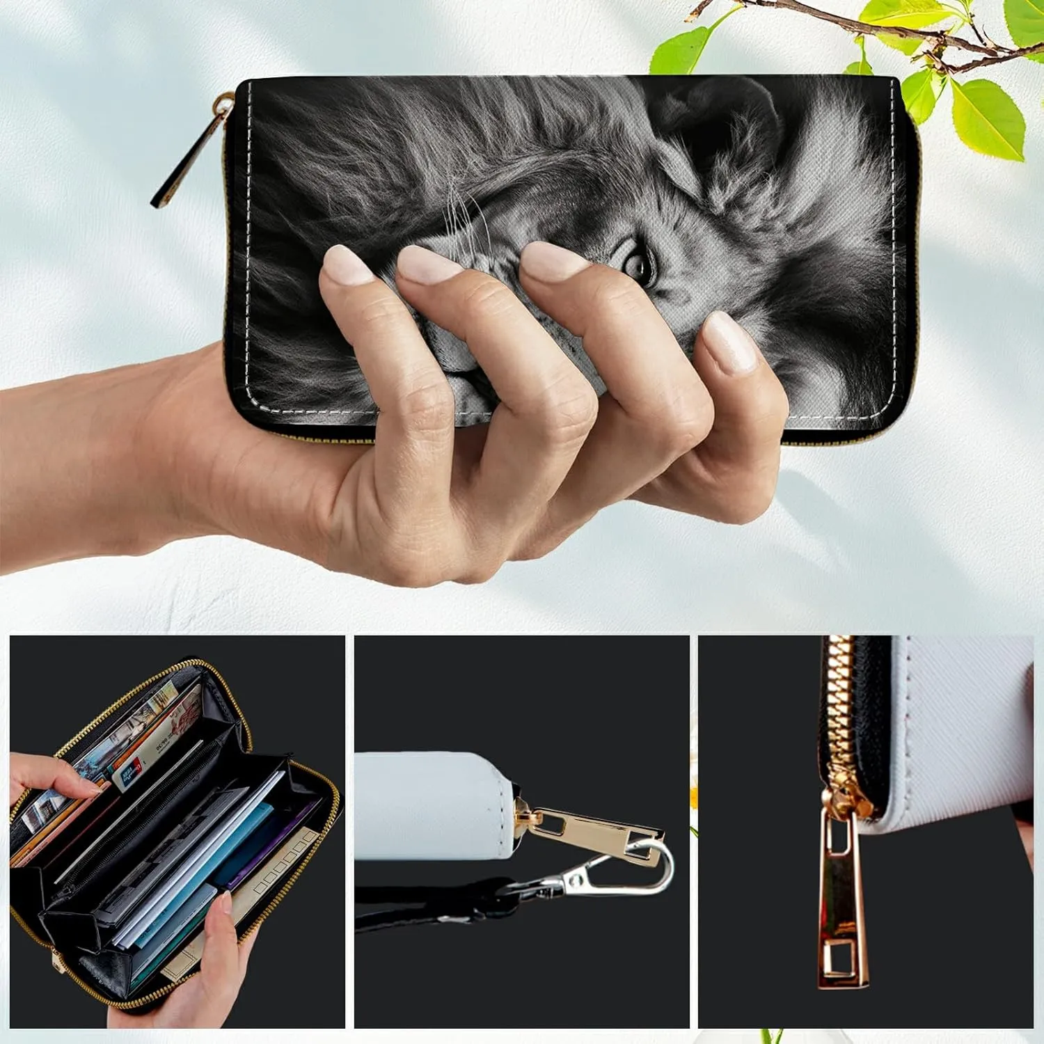 Women's RFID Blocking Wallet PU Leather Slim Bifold Wristlet Clutch with Large Capacity,16 Card Slots & Zipper Coin Purse Pocket Ladies Travel Purse Wristlet,Lion