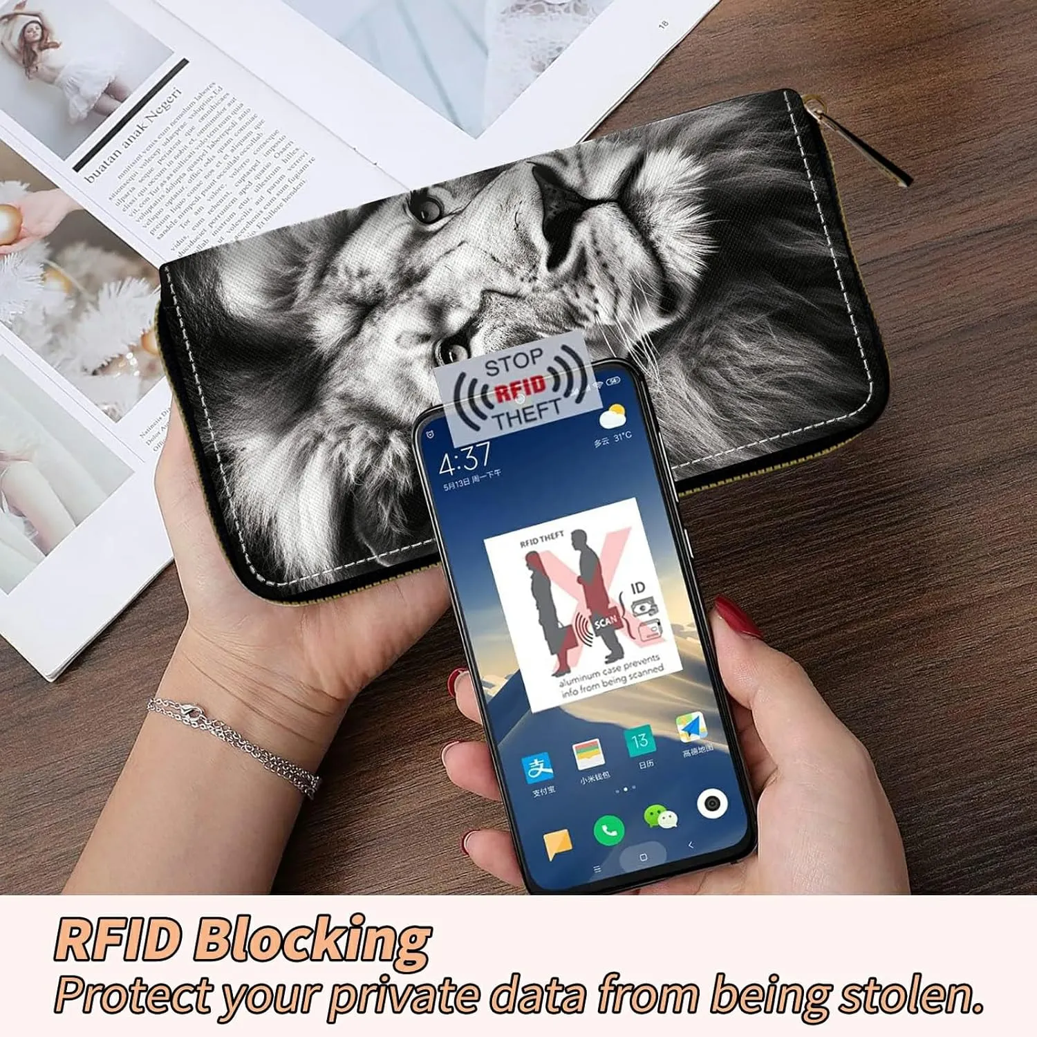Women's RFID Blocking Wallet PU Leather Slim Bifold Wristlet Clutch with Large Capacity,16 Card Slots & Zipper Coin Purse Pocket Ladies Travel Purse Wristlet,Lion