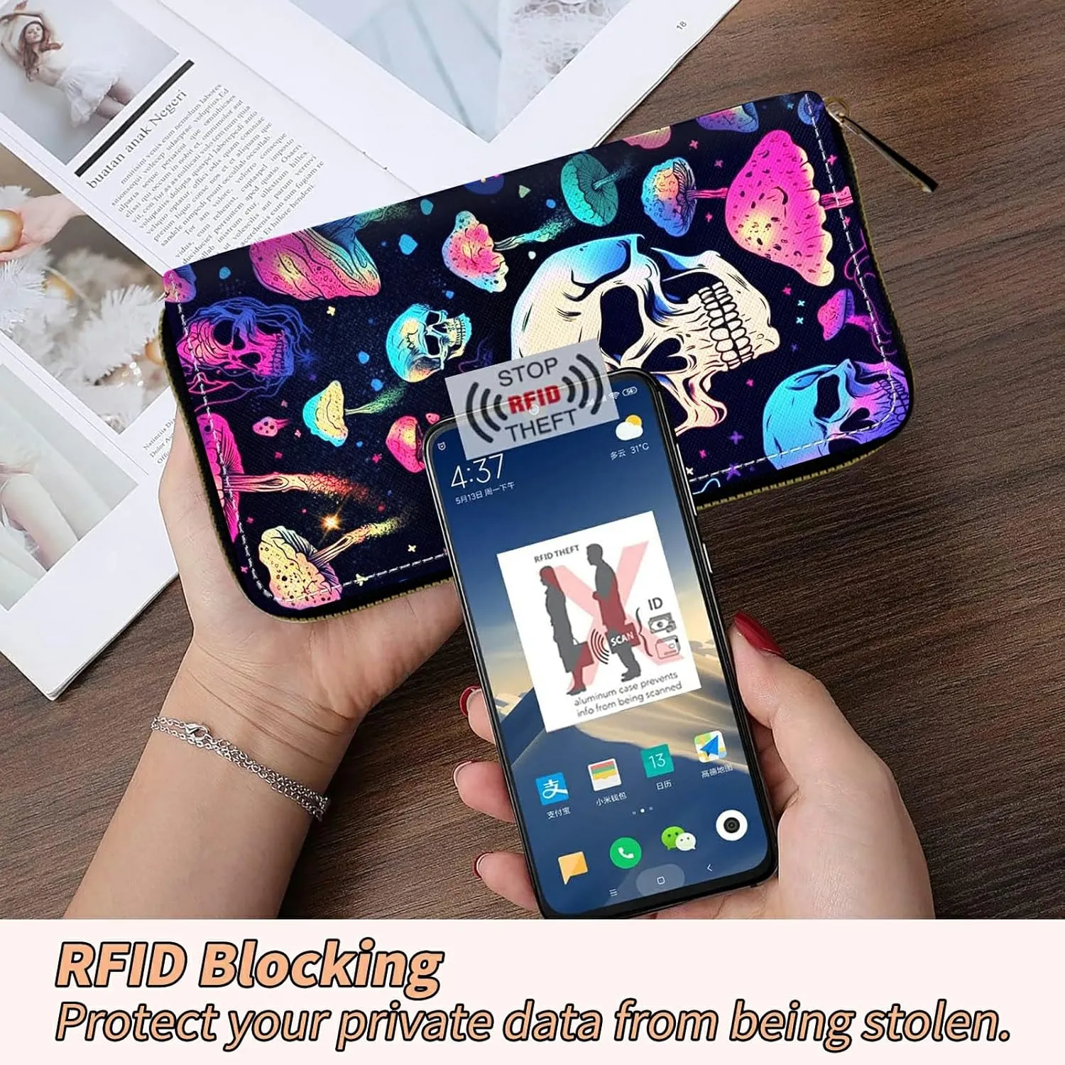 Women's RFID Blocking Wallet PU Leather Slim Bifold Wristlet Clutch with Large Capacity,16 Card Slots & Zipper Coin Purse Pocket Ladies Travel Purse Wristlet,Mushroom Skull