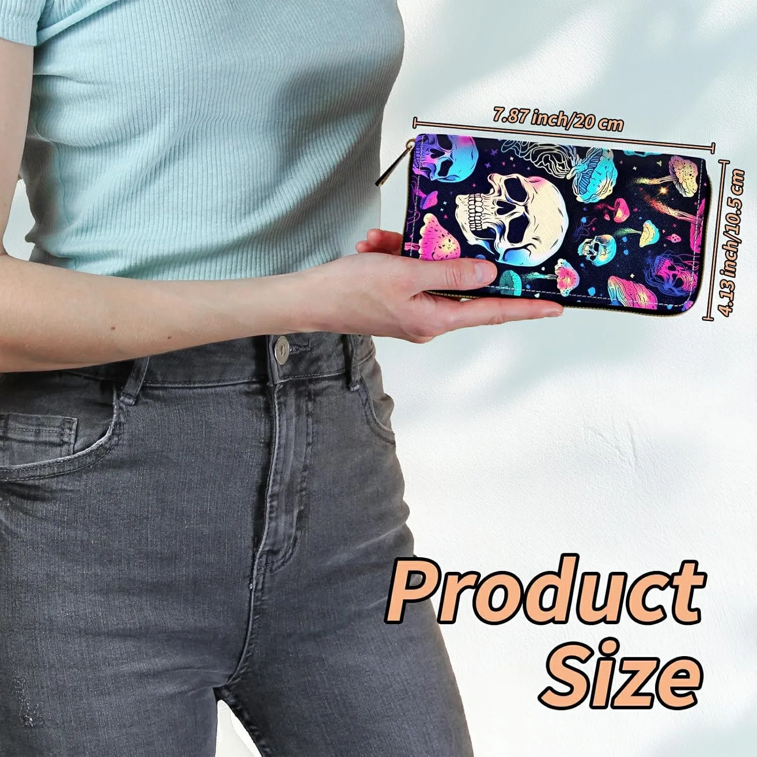 Women's RFID Blocking Wallet PU Leather Slim Bifold Wristlet Clutch with Large Capacity,16 Card Slots & Zipper Coin Purse Pocket Ladies Travel Purse Wristlet,Mushroom Skull