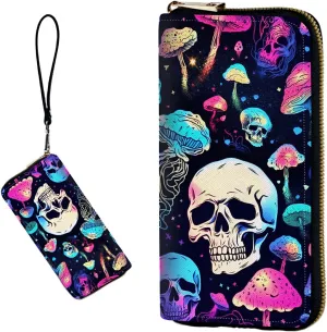 Women's RFID Blocking Wallet PU Leather Slim Bifold Wristlet Clutch with Large Capacity,16 Card Slots & Zipper Coin Purse Pocket Ladies Travel Purse Wristlet,Mushroom Skull
