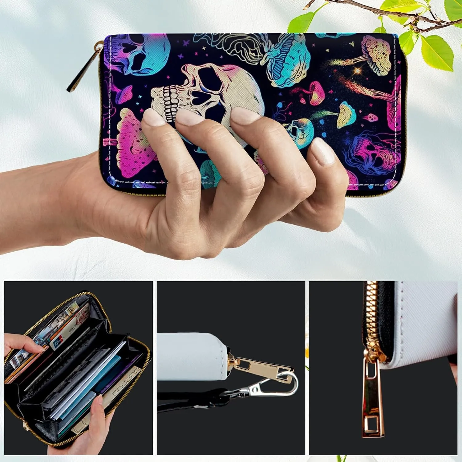 Women's RFID Blocking Wallet PU Leather Slim Bifold Wristlet Clutch with Large Capacity,16 Card Slots & Zipper Coin Purse Pocket Ladies Travel Purse Wristlet,Mushroom Skull