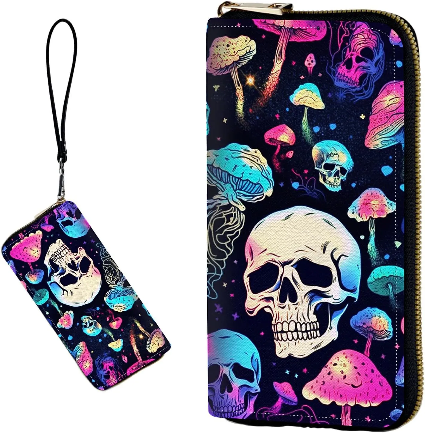 Women's RFID Blocking Wallet PU Leather Slim Bifold Wristlet Clutch with Large Capacity,16 Card Slots & Zipper Coin Purse Pocket Ladies Travel Purse Wristlet,Mushroom Skull