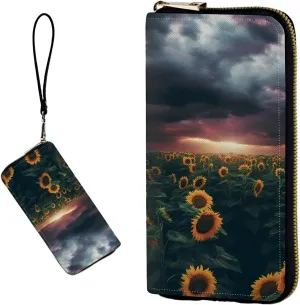 Women's RFID Blocking Wallet PU Leather Slim Bifold Wristlet Clutch with Large Capacity,16 Card Slots & Zipper Coin Purse Pocket Ladies Travel Purse Wristlet,Sunflower