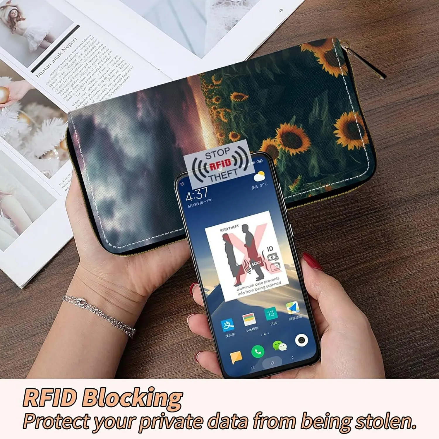 Women's RFID Blocking Wallet PU Leather Slim Bifold Wristlet Clutch with Large Capacity,16 Card Slots & Zipper Coin Purse Pocket Ladies Travel Purse Wristlet,Sunflower