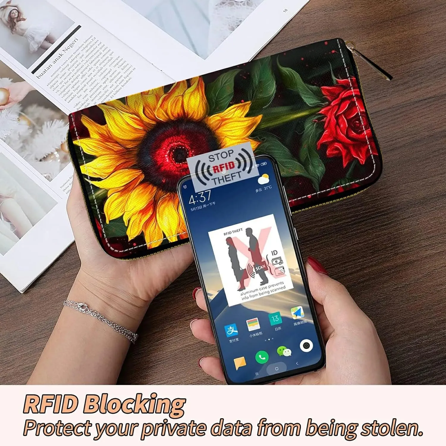 Women's RFID Blocking Wallet PU Leather Slim Bifold Wristlet Clutch with Large Capacity,16 Card Slots & Zipper Coin Purse Pocket Ladies Travel Purse Wristlet,Sunflowers