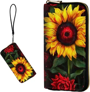 Women's RFID Blocking Wallet PU Leather Slim Bifold Wristlet Clutch with Large Capacity,16 Card Slots & Zipper Coin Purse Pocket Ladies Travel Purse Wristlet,Sunflowers
