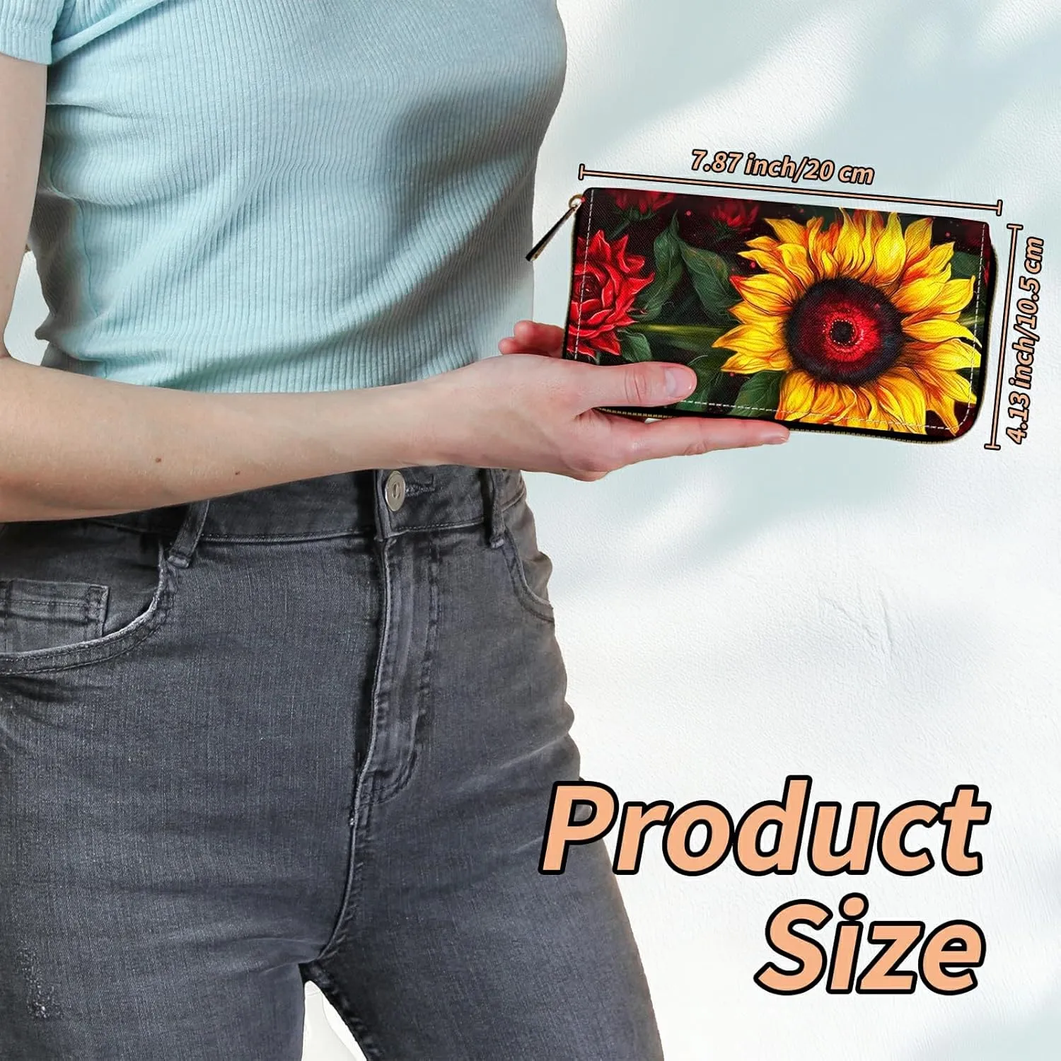 Women's RFID Blocking Wallet PU Leather Slim Bifold Wristlet Clutch with Large Capacity,16 Card Slots & Zipper Coin Purse Pocket Ladies Travel Purse Wristlet,Sunflowers