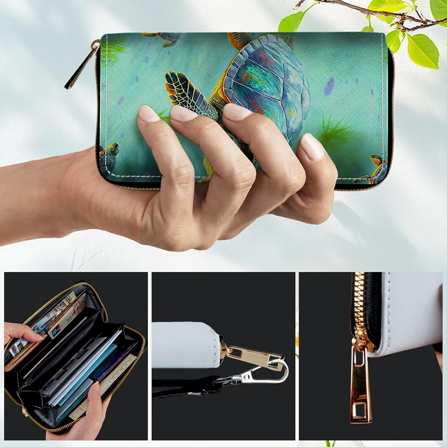 Women's RFID Blocking Wallet PU Leather Slim Bifold Wristlet Clutch with Large Capacity,16 Card Slots & Zipper Coin Purse Pocket Ladies Travel Purse Wristlet,Turtle