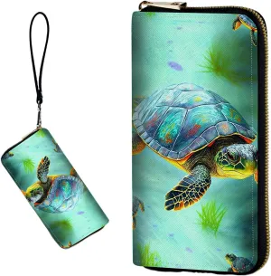Women's RFID Blocking Wallet PU Leather Slim Bifold Wristlet Clutch with Large Capacity,16 Card Slots & Zipper Coin Purse Pocket Ladies Travel Purse Wristlet,Turtle