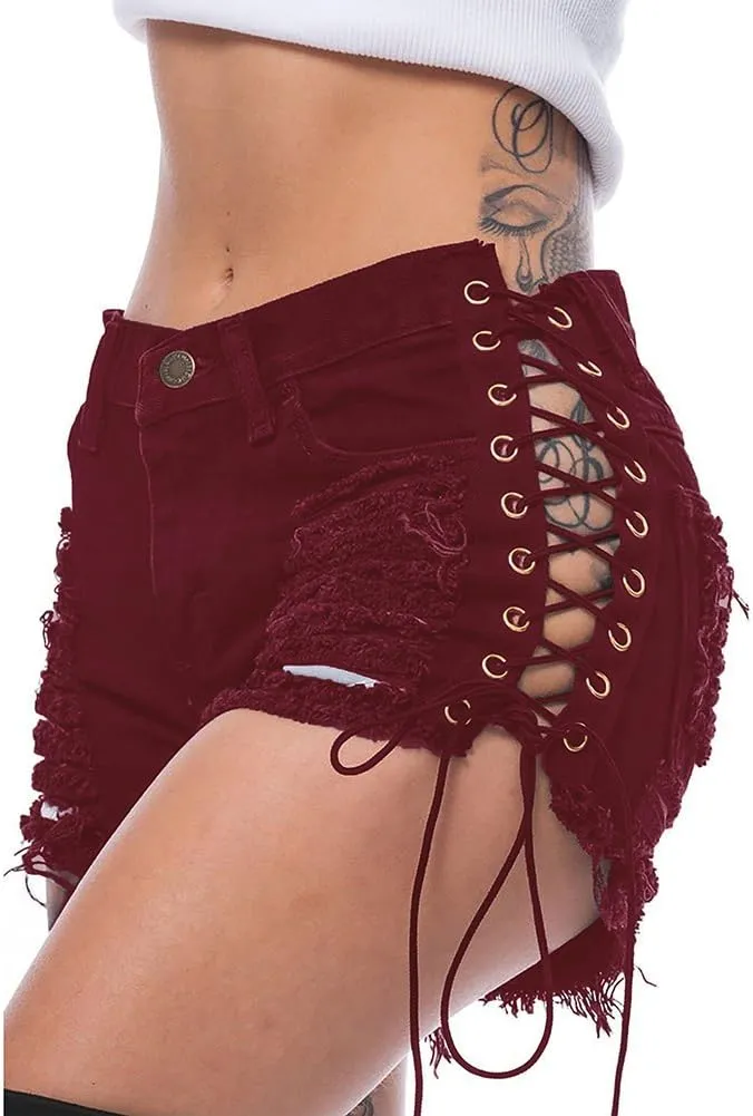 Women's Ripped Hole Denim Shorts Side Straps Sexy Mini Hot Pants