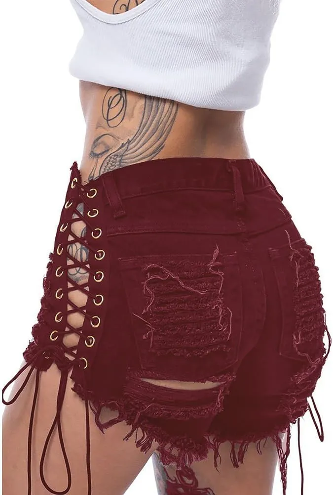 Women's Ripped Hole Denim Shorts Side Straps Sexy Mini Hot Pants