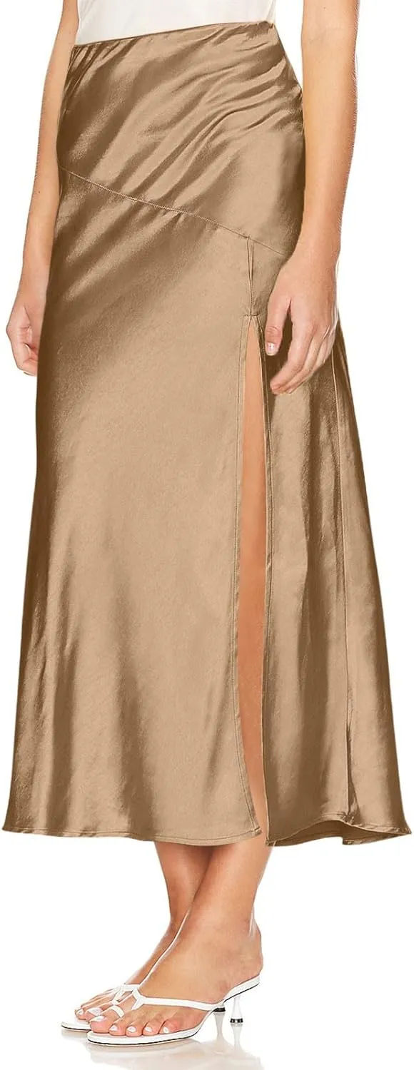 Women's Satin High Waisted Side Split Maxi Skirt Elastic Waistband Zipper Long Skirts A-Line Cocktail Work Skirt